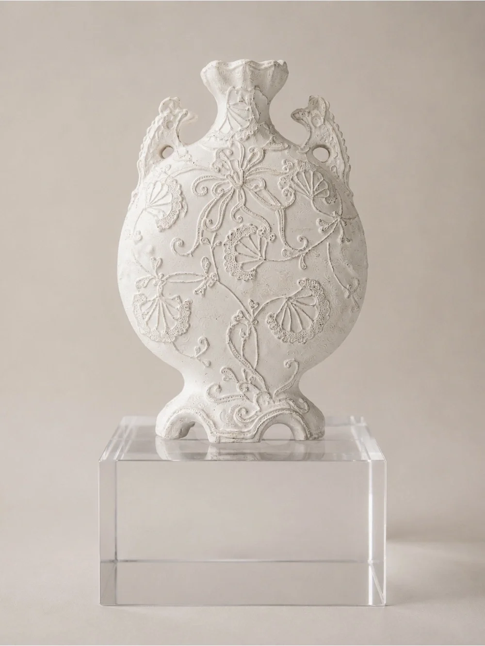 Vtg Continental Blanc-de-Chine Double Handled Porcelain Relief Vase #1220256